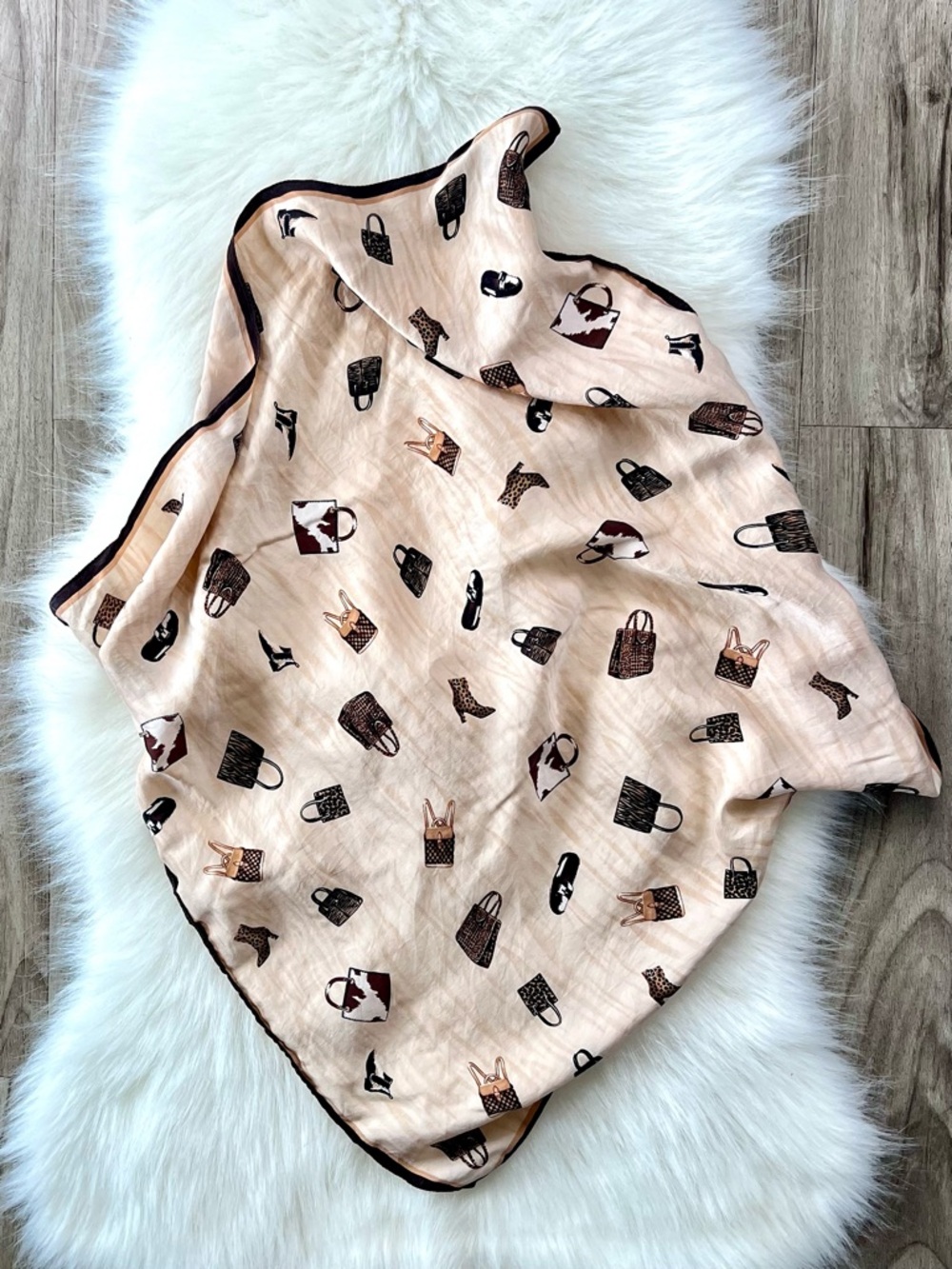 Light Peach 100% Silk Scarf with Handbag & Shoe Print